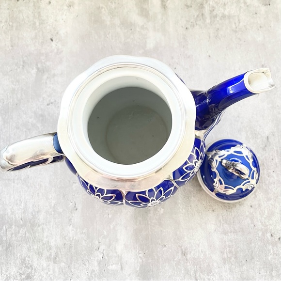 Vtg Hutschenreuther Hohenberg Germany Cobalt Blue Silver Overlay Tea Pot - Picture 6 of 10
